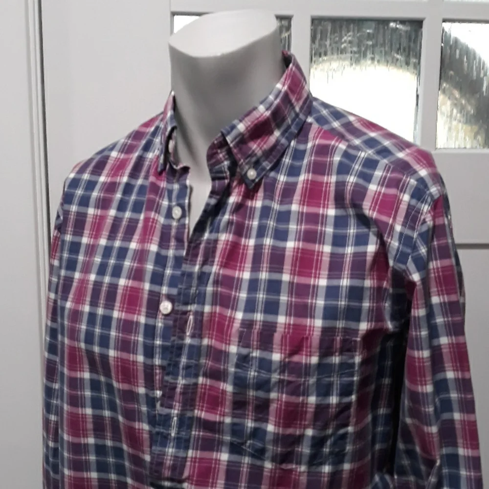 J. Crew mens purple and blue plaid cotton shirt. Medium